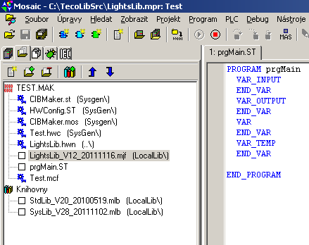Přidaná MJF knihovna bude vidět v seznamu souborů projektu. Nakonec je nutné pomocí modré šipky v liště okna posunout soubor LightsLib v seznamu souborů výše než soubor prgmain.st.