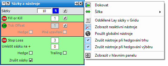 Volby v menu Kliknutím pravého tlačítka na horní lištu okna se otevře menu s různými možnostmi nastavení: Menu zobrazené pravým kliknutím Okno Sázky a nástroje se zobrazeným menu a zapnutým Oddělené