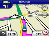 Vaše trasa na mapě Upozornění Funkce ikony Rychlostní limit slouží pouze pro informaci a nenahrazuje odpovědnost řidiče při nedodržení rychlostních limitů uvedených na značkách a bezpečné jízdy za