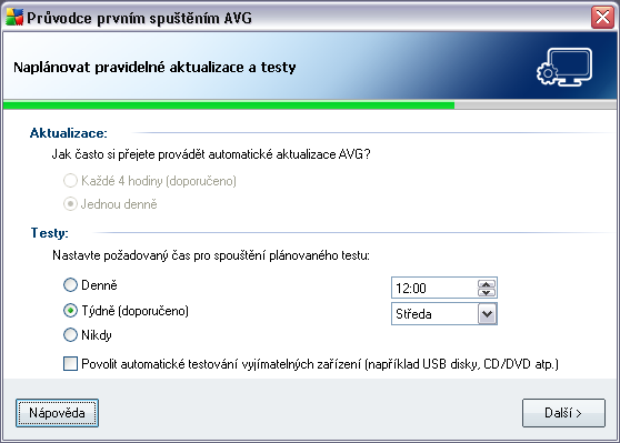 4.11. Nastavení pravidelných aktualizací a testů V dialogu Naplánovat pravidelné aktualizace a testy určete časový interval spouštění plánovaného testu. Doporučujeme zůstat u výchozího nastavení.