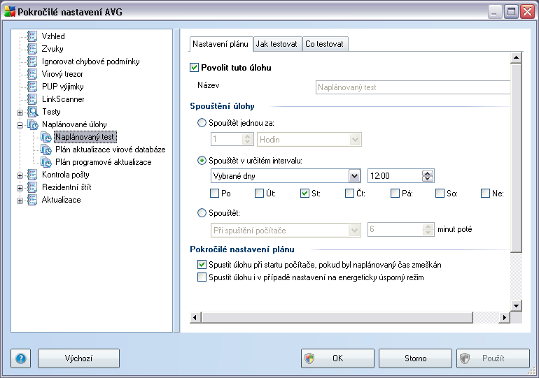 8.8. Naplánované úlohy V sekci Naplánované úlohy máte možnost editace výchozího nastavení Plánu testu celého počítače Plánu aktualizace virové databáze Plánu programové aktualizace 8.8.1.
