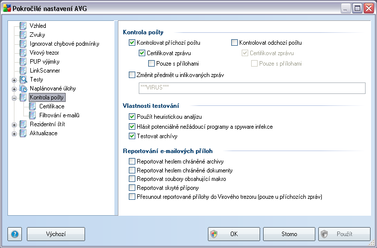 8.9. Kontrola pošty Dialog Kontrola pošty je rozdělen do tří sekcí: Kontrola pošty - v této sekci zvolte, zda chcete kontrolovat příchozí/odchozí poštu a zda má být pošta certifikována vždy nebo jen