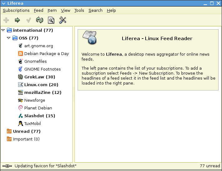 Čtečky RSS 5.3.7 Liferea Obrázek 8:RSS čtečka Liferea (http://liferea.sourceforge.net) Liferea je zdařilá RSS čtečka pro čtení kanálů.