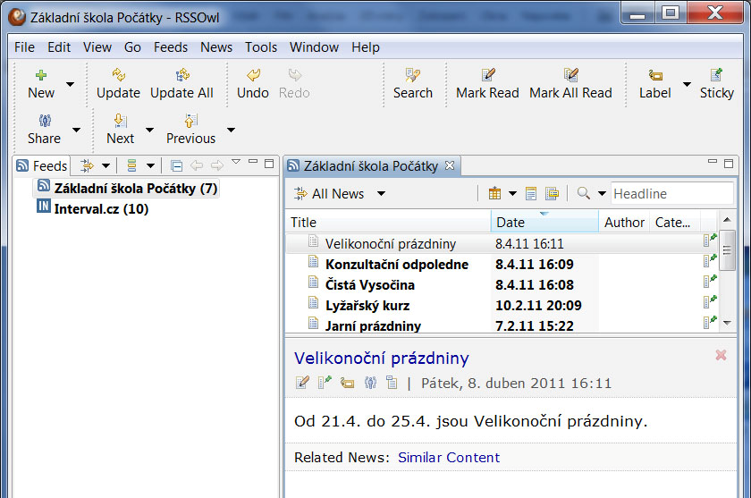 Čtečky RSS 5.3.9 RSSOwl Obrázek 10: RSS čtečka RSSOwl RSSOwl je jednoduchá RSS čtečka vytvořená pro platformy Windows, Linux a Mac OS X.
