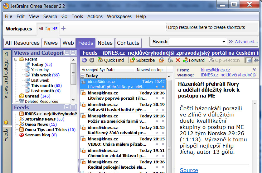 Čtečky RSS 5.4.4 Omea Reader Obrázek 19: RSS čtečka Omea Reader Omea Reader je čtečka poskytována zdarma od společnosti JetBrains.