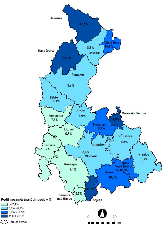 Nezaměstnanost Nezaměstnanost v regionech OC kraje - dlouhodobě nejvyšší nezaměstnanost na území POÚ Javorník, Hanušovice, Moravský Beroun, Kojetín, - naopak nejnižší nezaměstnanost