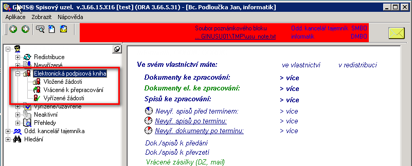 2. Činnost referenta Modul USU je pro práci referenta rozšířen o nové menu v navigačním stromu. Vložené žádosti přehled čekajících nevyřízených žádostí o podpis nebo schválení. Zpracované, tj.