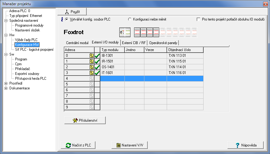 Programovatelné automaty TECOMAT FOXTROT Obr.5.4 Nastavení konfigurace PLC FOXTROT - základní modul Obr.5.5 Nastavení konfigurace PLC FOXTROT - periferní moduly Na základě údajů v centrální jednotce je vygenerován seznam nalezených modulů (obr.