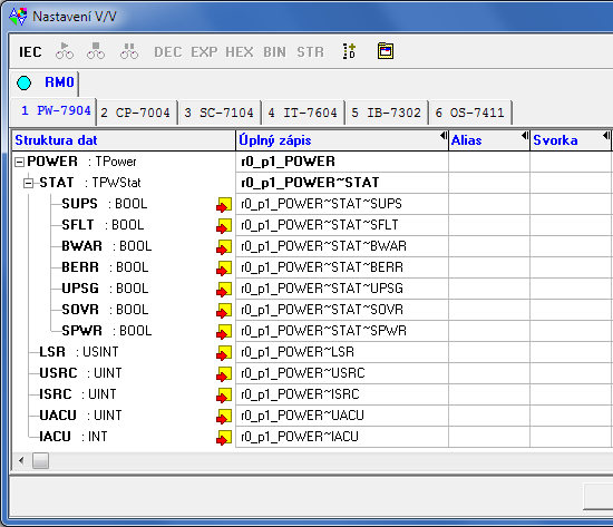 Programovatelné automaty TECOMAT TC700 Obr.2.9 Stat Struktura dat napájecích modulů - informační status (8 krát typ bool) 0 SPWR SOVR UPSG BERR BWAR SFLT SUPS bit.7.6.5.4.3.2.1.