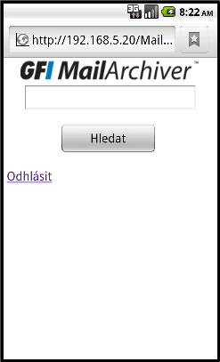 Snímek obrazovky 5: Domovská stránka programu GFI MailArchiver pro inteligentní telefony POZNÁMKA Rozhraní uživatele mobilu používá stejná nastavení jazyka jako ta, která uživatel nakonfiguroval v