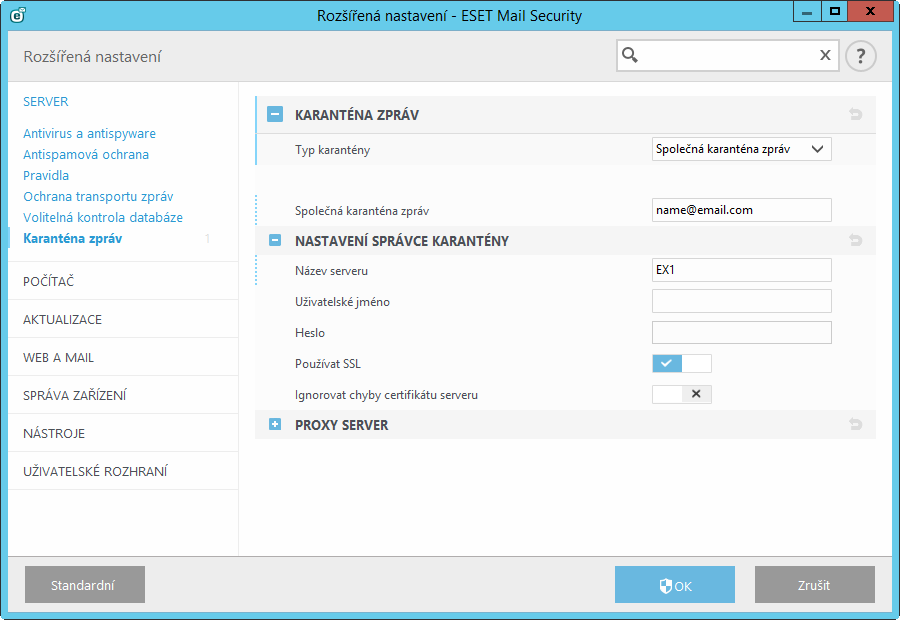 5.1.9.2.2 Proxy server Pokud se mezi Exchange serverem v roli CAS a Exchange serverem, na kterém je nainstalován ESET Mail Security nachází proxy server, je nutné jej zadat do nastavení produktu ESET.