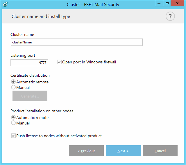 5.1.10.2 Průvodce clusterem vytvoření clusteru Zadejte název clusteru, vyberte způsob distribuce certifikátu a rozhodněte se, jakým způsobem chcete uzly instalovat produkt ESET.