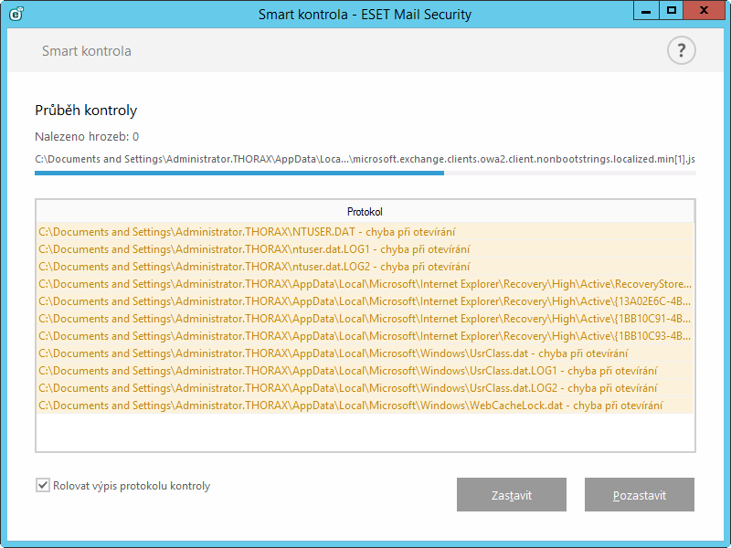 5.2.7.2 Průběh kontroly Okno průběhu kontroly zobrazuje aktuální stav kontroly a počet souborů, které obsahují škodlivý kód.