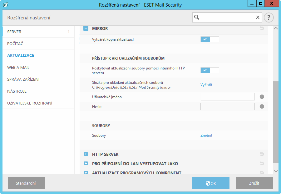 Po dokončení aktualizace zrušit připojení k serveru. 5.3.5 Mirror ESET Mail Security umožňuje vytvářet kopie aktualizací, z níž lze pak aktualizovat další stanice nacházející se v lokální síti.