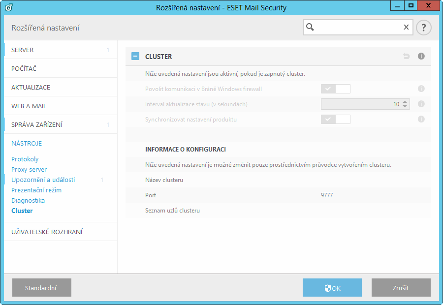 5.6.11 Cluster Po nakonfigurování funkce ESET Cluster se v rozšířeném nastavení (dostupném po stisknutí klávesy F5) automaticky aktivuje možnost Povolit cluster.