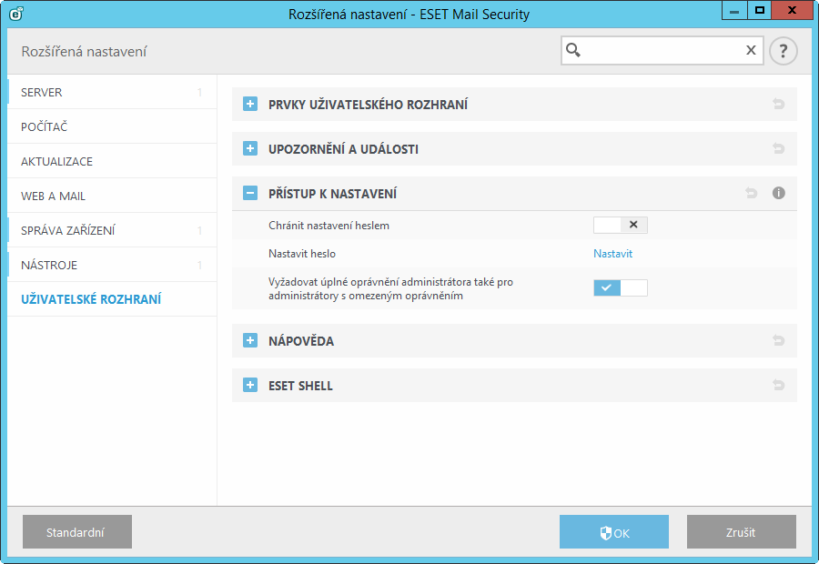 5.7.2 Přístup k nastavení Správné nastavení ESET Mail Security je velmi důležité pro zachování celkové bezpečnosti systému a jeho neoprávněná změna může vést ke snížení stability a ochrany systému.