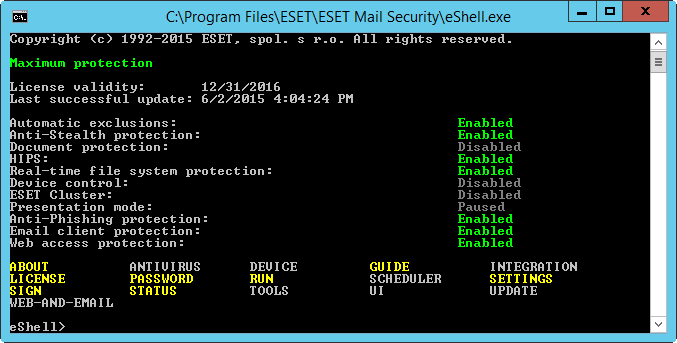 Pro spuštění eshell v interaktivním režimu můžete použít jeden z následujících postupů: Klikněte na Start > Všechny programy > ESET > ESET File Security > ESET shell, V příkazovém řádku zadejte