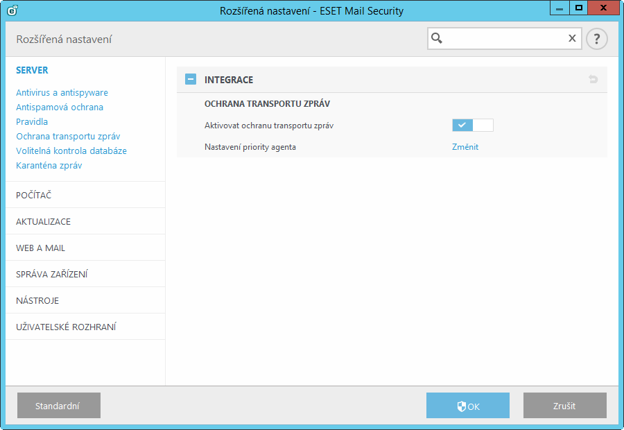 5.1 Server ESET Mail Security zajišťuje ochranu vašeho serveru a Microsoft Exchange Server prostřednictvím následujících funkcí: Antivirus a antispyware, Antispamová ochrana, Uživatelská pravidla,
