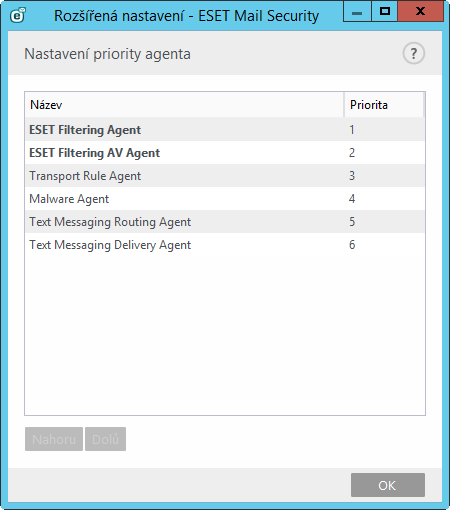 5.1.1 Nastavení priority agentů Prostřednictvím menu Nastavení priority agentů můžete nastavovat priority agentů ESET Mail Security, kteří se aktivují po spuštění Microsoft Exchange serveru.