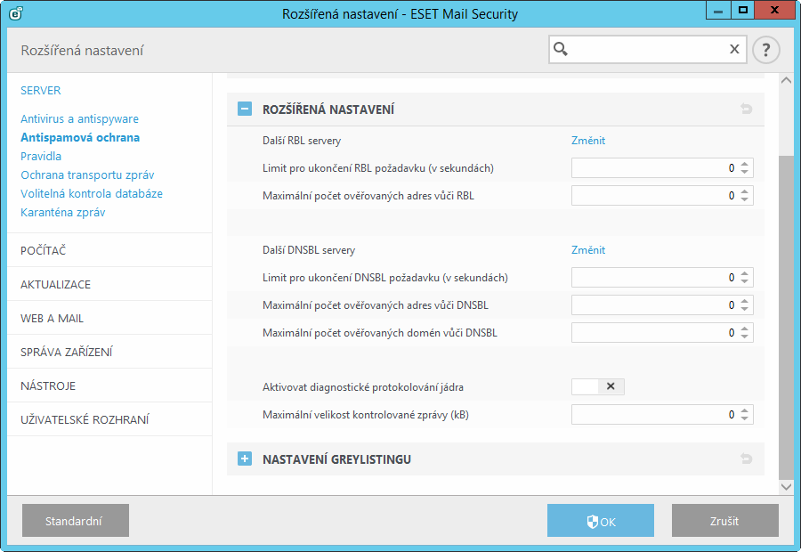 5.1.4.2 Rozšířená nastavení Následující nastavení použijte v případě, kdy chcete zprávy ověřovat pomocí serverů třetích stran (RBL Realtime Blackhole List, DNSBL DNS Blocklist).