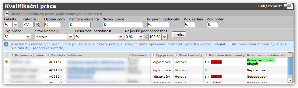 6.6.3 Práce s aplikací slána ke kontrole, čeká se na výsledky), Hotovo (výsledky jsou již k dispozici v IS/STAG). Nejvyšší podobnost mezi.