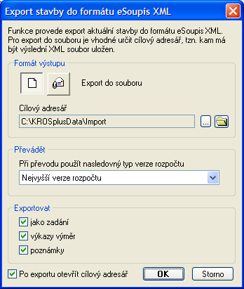 6 Export a import soupisu prací 6.1 esoupis XML Tímto exportem vznikne soubor ve formátu xml ve struktuře, formátu a s obsahem, který odpovídá znění 13 Vyhlášky. Jak již bylo uvedeno v kapitole 3.