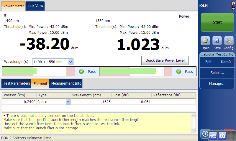 troubleshooting using 1625nm iolm a živá síť Měření úrovně výkonu