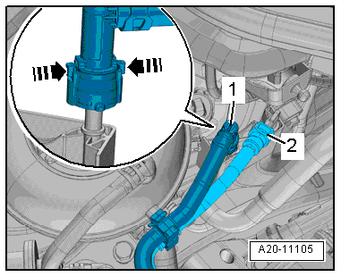 1,2/63; 77 kw TSI Motor 08.2013 Schraube -2- herausdrehen und Schraubschelle abnehmen. Schraube -1- und Muttern -Pfeile- herausdrehen, Katalysator hochbinden.