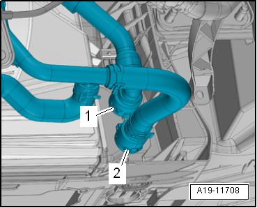 1,2/63; 77 kw TSI Motor 08.2013 Fortsetzung für alle Fahrzeuge Schlauchschelle -1- lösen und Luftführungsschlauch abbauen. Links und rechts Schraube -2- herausdrehen.