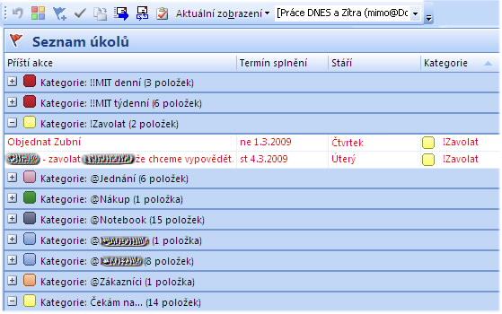Zbarvení textu lze zajistit pomocí podmíněného formátování. 1 4 o Úkol, který potřebuju přesunout do jiného kontextu, chytím a přesunu do jiného kontextu (drag&drop pod jinou kategorii).