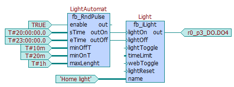 Jednoduchý příklad použití fb_rndpulse v jazyce ST: PROGRAM prgmain9 VAR LightAutomat : fb_rndpulse; Light : fb_ilight; LightAutomat( enable := TRUE, stime := T#20:00:00.