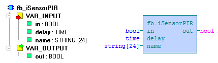 6.13 Funkční blok fb_isensorpir Funkční blok fb_isensorpir slouží k připojení PIR čidla pro vyhodnocení přítomnosti osob, které se připojuje na vstup in.