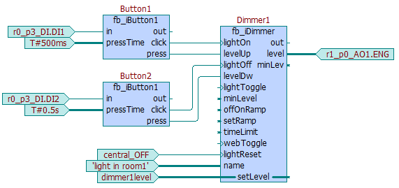 VAR_GLOBAL RETAIN dimmer1level : REAL; VAR_GLOBAL central_off : ; PROGRAM prgmain VAR GoOut : fb_iaction; Button1 : fb_ibutton1; Button2 : fb_ibutton1; Dimmer1 : fb_idimmer; // akce centralniho