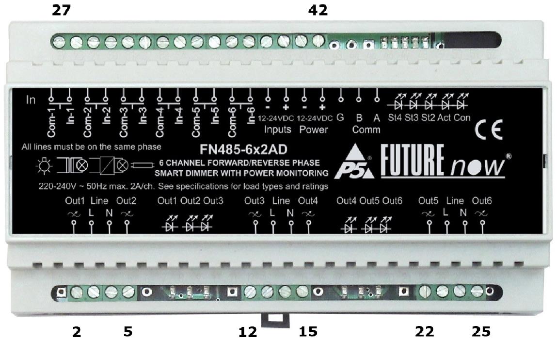 FN485-6x2AD 6 kanálový RLC stmívač 230V, 250/750W kanál, komunikace RS-485 FN485-6x2AD 6 ti kanálový výkonový stmívač, podporuje stmívání fázovou regulací na náběžné i sestupné hraně pro řízení