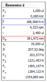 Tabulka 8. Pevnostní kontrola Tabulka 9. Parametry řemenic Zároveň na výstupu (řemenici 2) bylo docíleno požadovaného momentu (viz. modrý rámeček).