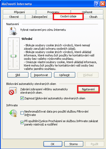 2.2.2 Úprava nastavení MS IE pro export V nastavení Internet Explorer povolte stránky OTE v pop-up