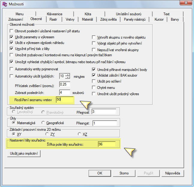 Nové volby na záložce Obecné možnosti Nová volba určující šířku pole v Liště souřadnic (Coordinate bar) Volba Coordinate bar options (Možnosti lišty souřadnic), na záložce General (Obecné) okna