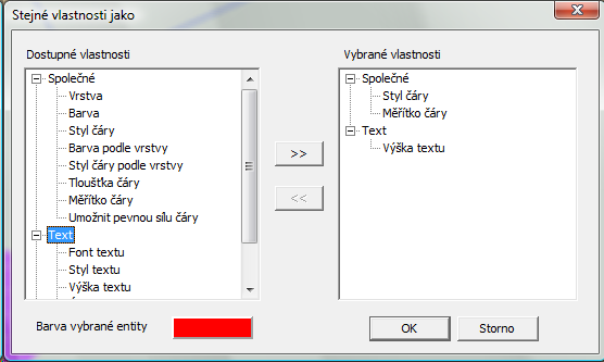 Stejné vlastnosti jako (Match Properties Tool) Tento nový nástroj umožňuje hromadně aplikovat určité vlastnosti zdrojového prvku na předem vybrané prvky (entity, objekty).