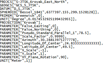 S-JTSK_Krovak_East_North [ESRI: 102067/ EPSG: 5514] Obr. 16: Parametry souřadnicového systému S-JSK_Krovak_East_North Jedná se o souřadnicový systém jednotné trigonometrické sítě katastrální.