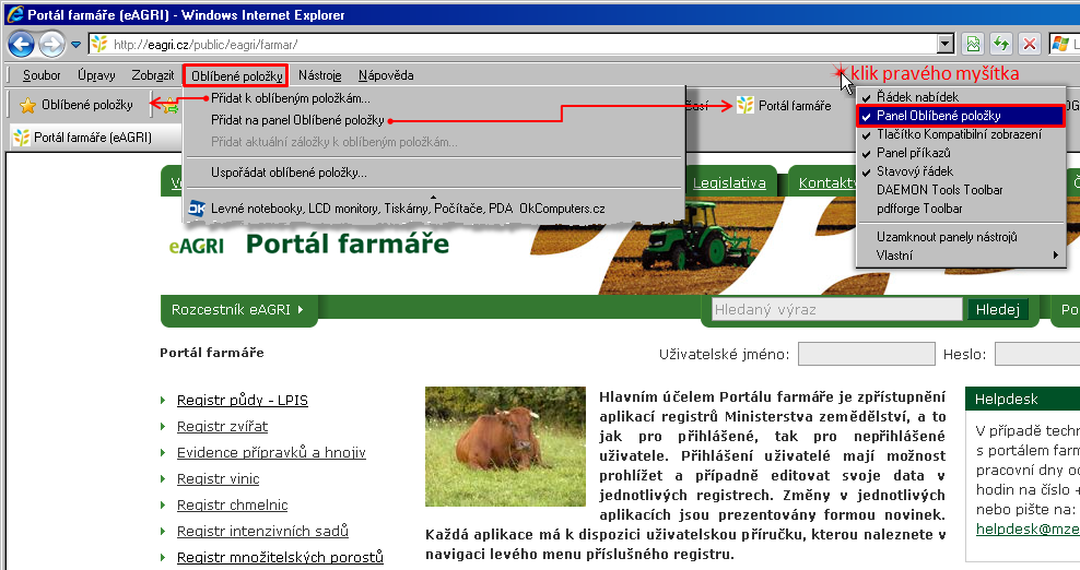 1.6. Uložení www adresy Portálu farmáře do Oblíbených/Záložek Pro urychlení přístupu na Portál