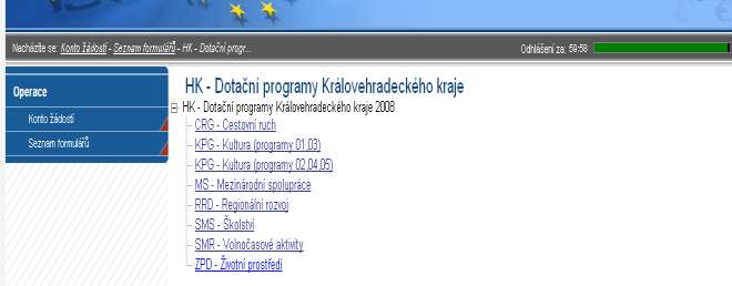 Krok 4 žadatel si vybere dotační oblast do které chce podat žádost o poskytnutí