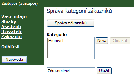 Pro založení nové kategorie klepněte na tlačítko Nová. Název nově zakládané kategorie zadejte do pole vlevo od tlačítka Uložit a toto stiskněte.