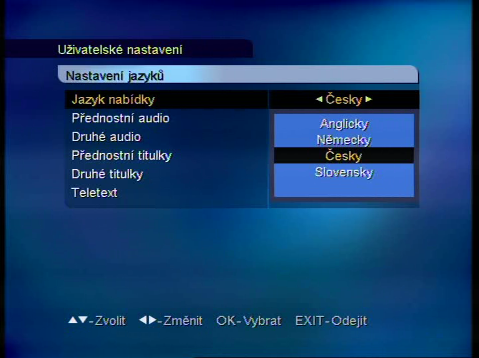 Po prvním zapnutí přijímače se zobrazí průvodce úvodním nastavením. V nabídce se pohybujte použitím směrových tlačítek (,, a ) Vyberte nebo potvrďte změny stiskem OK.