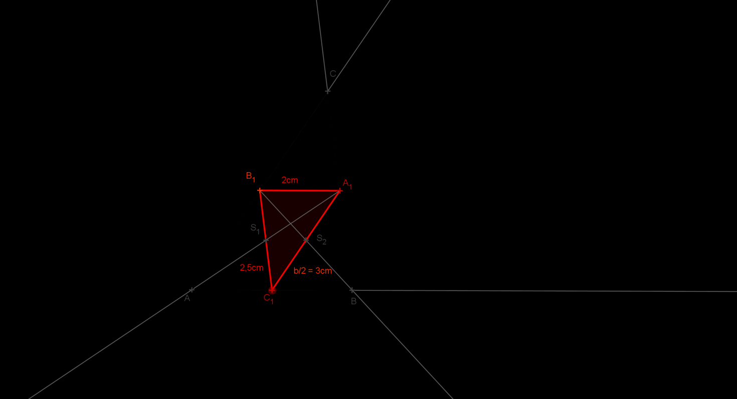 098_Obrácená úloha konstrukce trojúhelníku ze zadaných středních příček (PS71_54_C6) ZADÁNÍ: a) Ze zadaných středních příček sestrojte trojúhelník ABC; A 1, B 1, C 1 jsou středy stran.
