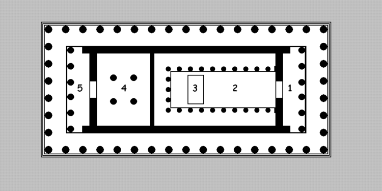 Půdorys antického chrámu (Parthenon, Athény) 1- předsíň (pronáos); 2- hlavní síň (náos); 3- podstavec