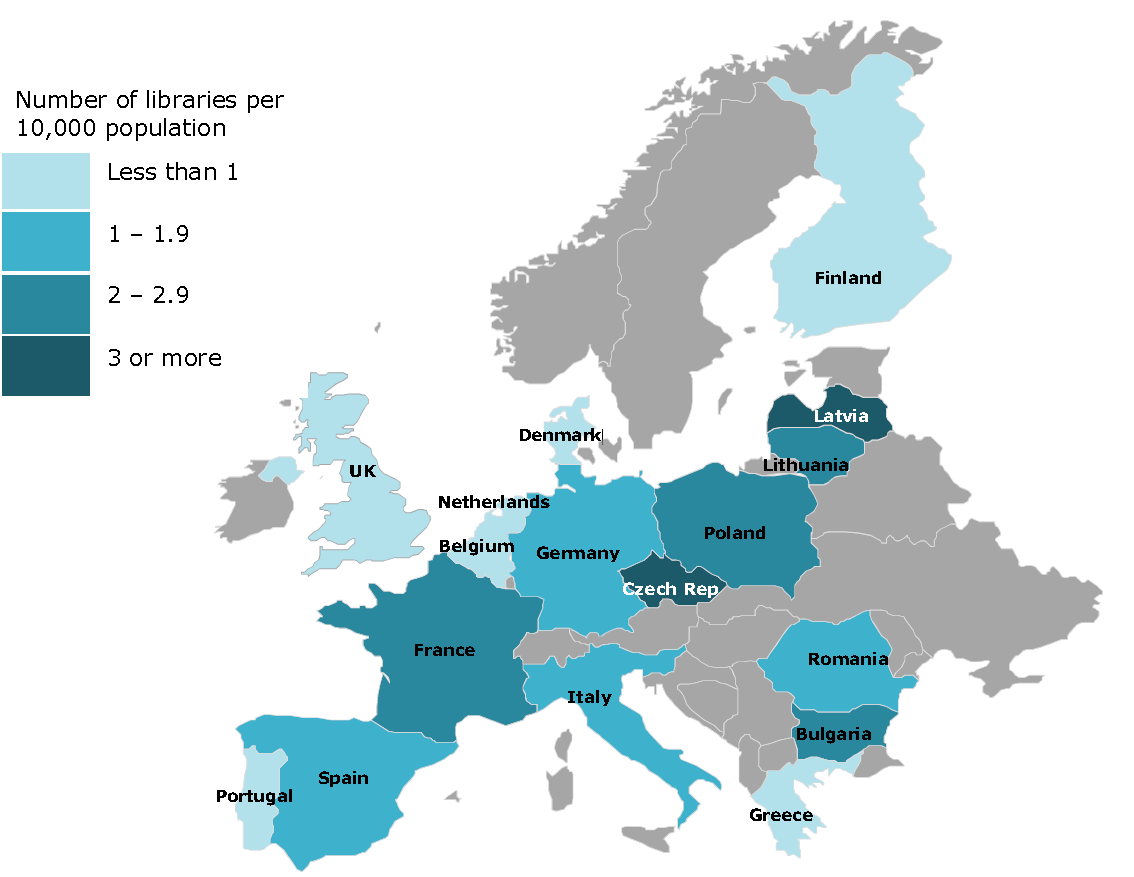 EU = 63 000 veřejných knihoven EU = 1,3VK/10 000 obyv. ČR = 5,1VK/10 000 obyv.