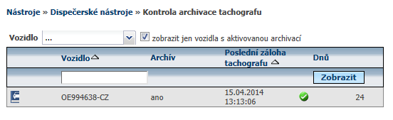 NOVINKA VYLEPŠENÍ V PROGRAMU TACHO2WD Jak vypadá aktuální stav záloh tachografů u jednotlivých vozidel je možno sledovat v nabídce Nástroje Dispečerské nástroje Kontrola archivace dat tachografu.