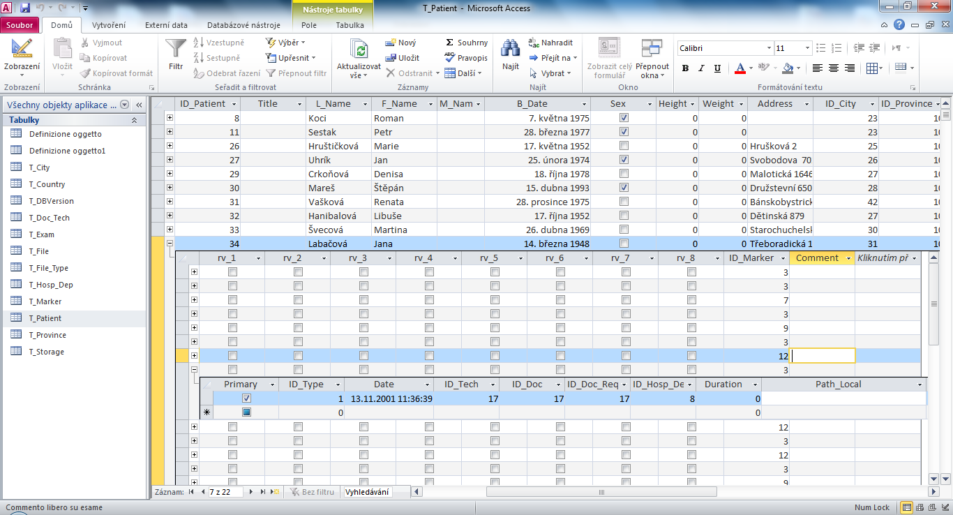 MS ACCESS. Další relacet_patient...t_exam... T_File.