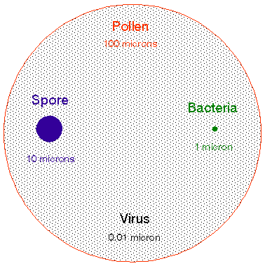 Velikost částic vyskytujících se v ovzduší Druh částice Velikost ( m) Kouř 0,001 0,1 Kondenzační jádra 0,1 20,0 Prach 0,1 cm Viry 0,015 0,45
