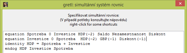 Počet exogenních proměnných nezahrnutých v rovnici 6 Ex n Ex n En z 1 6 3 1 Rovnice je dostatečně vyjádřená svými nezávislými proměnnými, je přeidentifikovaná. 10.4.